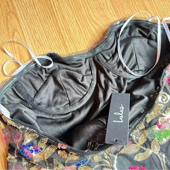 Lulu’s Thriving Blossom Black Mesh Sequin Bustier Strapless Mini Dress NWT - Picture 7 of 9